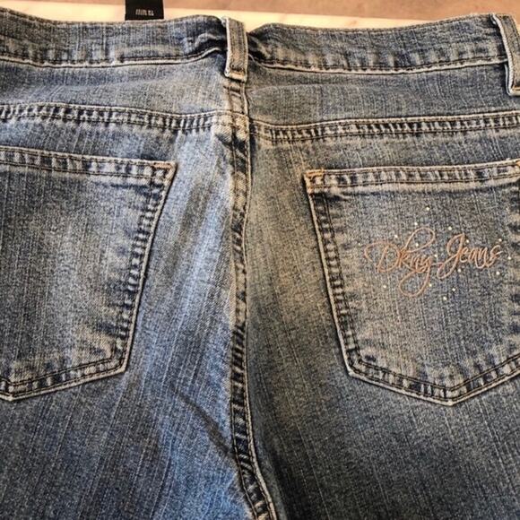 Y2K DKNY Women's Bootcut Denim Jeans with Rhinestone Logo Pockets Size 7 - Picture 3 of 6